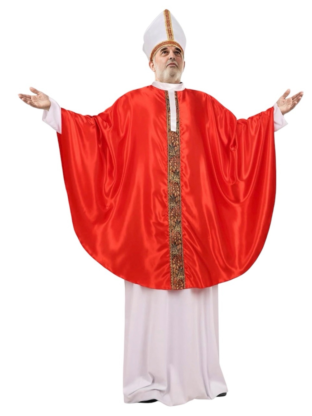 Pope 3 piece Costume for Men Adult , Red Bishop Robe with Mitre Hat